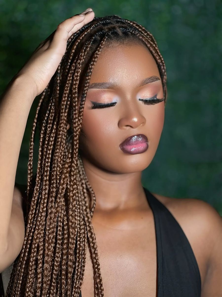 Full glam make-up with lashes and brown knotless braids by Rose Beauty Spa